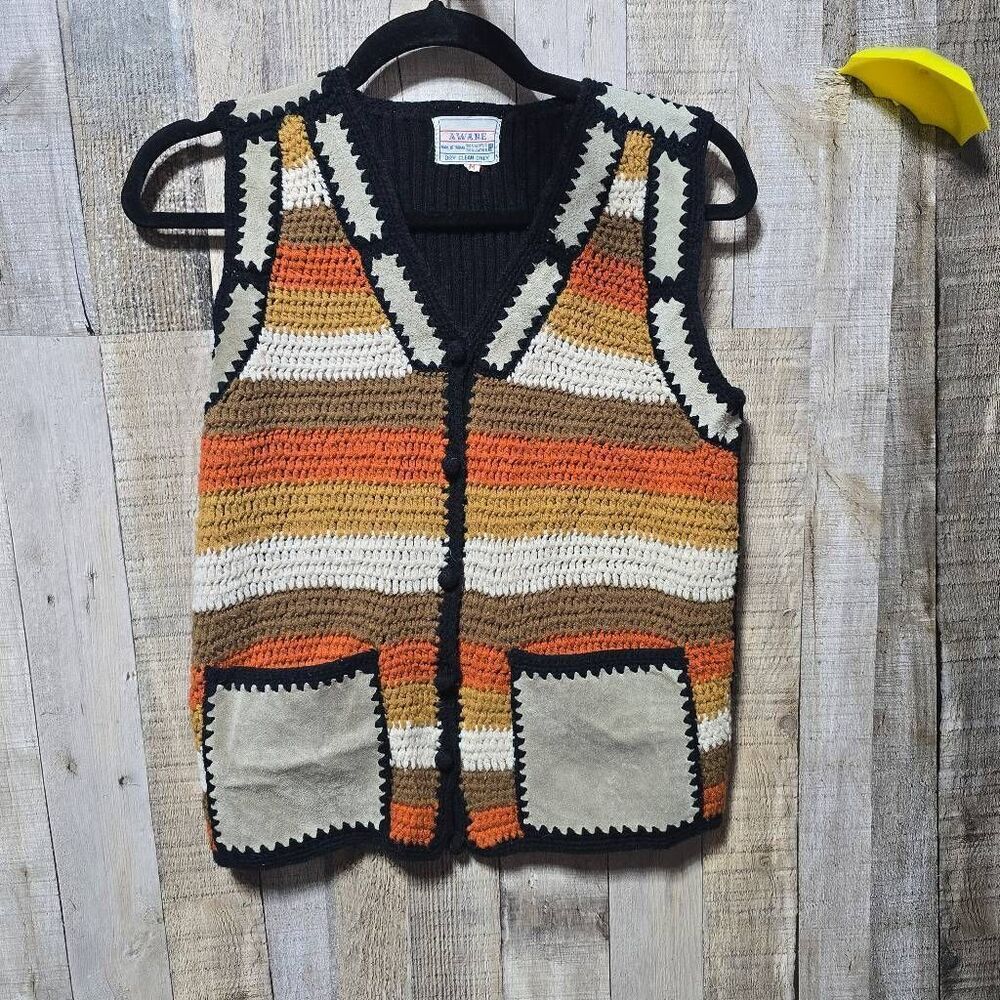 Aware Vintage 70s Earthy Stripe Knit Leather Trim Vest Medium Hippy Cottage Boho